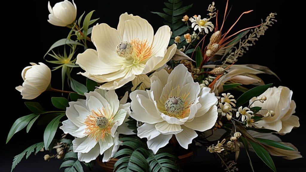 Variety of white and black flowers in garden.