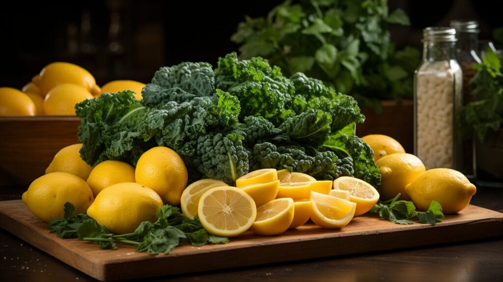 Vegetarian dishes with squash and kale.