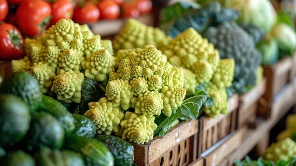 Vibrant vegetable garden with healthy Romanesco plants and a gardener harvesting.