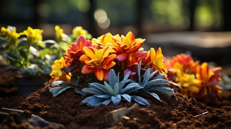 Well-mulched garden bed with a few emerging weeds, healthy plants, flowers, and gardening tools.