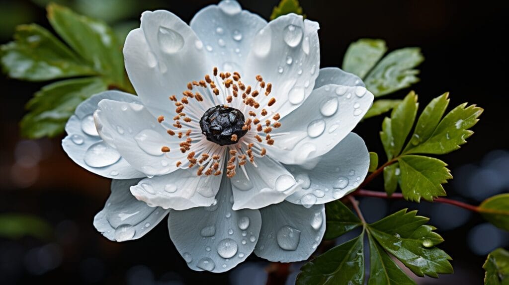 White flower, black center, dewdrops.