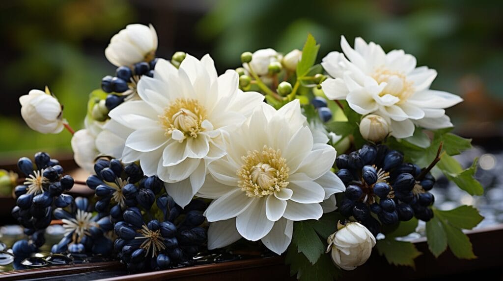 White flower with black center, gardening tools.