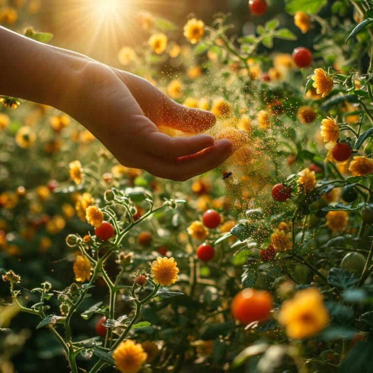 Withering tomato flower on vine under gentle sun.