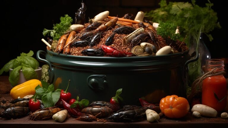 Worms and diverse moldy food scraps in compost bin