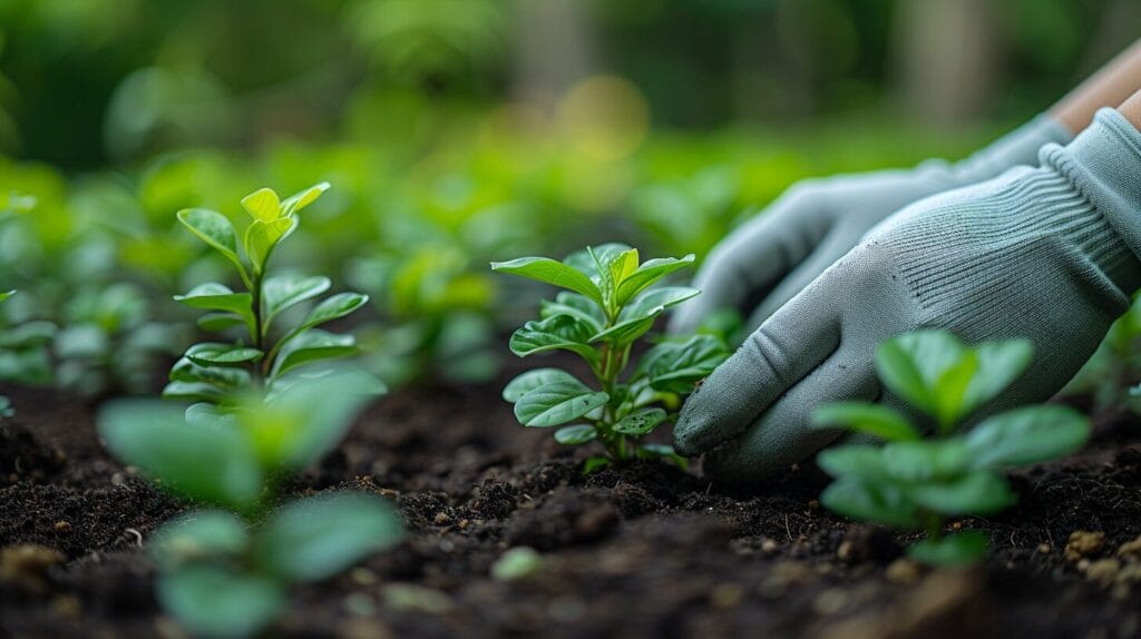 Gloved hands cultivating soil in a vibrant boxwood container garden.