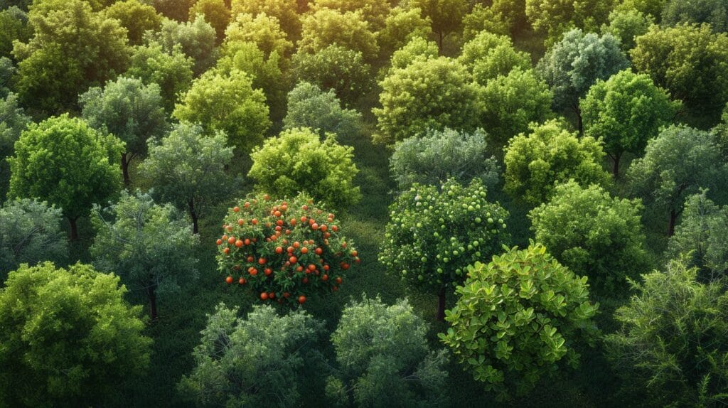 A diverse orchard with closely planted fruit trees, showcasing maximizing yield techniques.