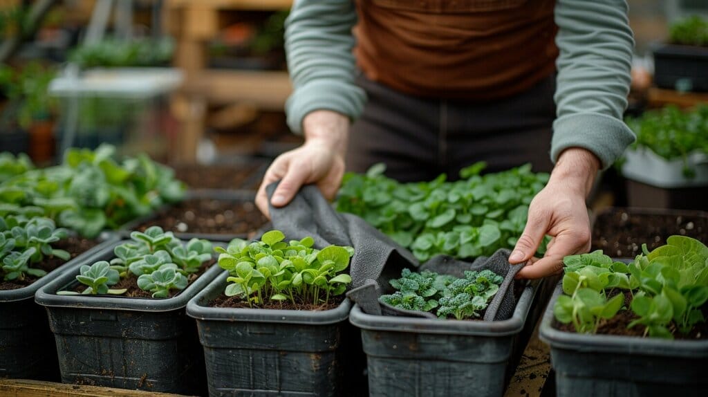 A gardener storing frost cloth in a container, with plant pots and protective mulch nearby.