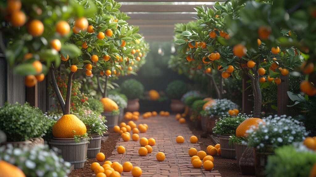 A small urban garden with meticulously pruned and closely planted fruit trees.