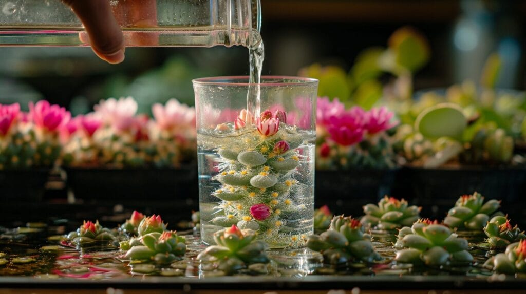 A step-by-step image depicting a Christmas cactus cutting being placed in a jar of water and roots developing over time.