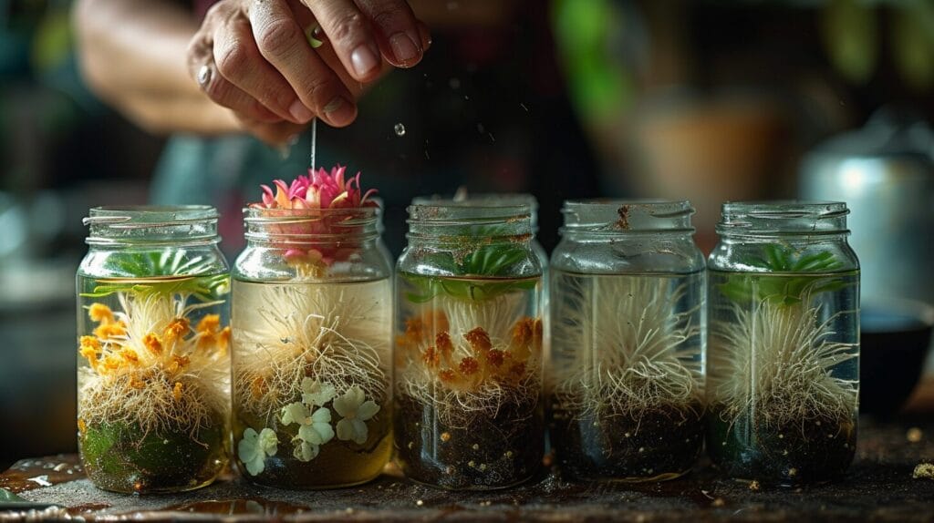 A step-by-step image depicting a Christmas cactus cutting being placed in a jar of water and roots developing over time.