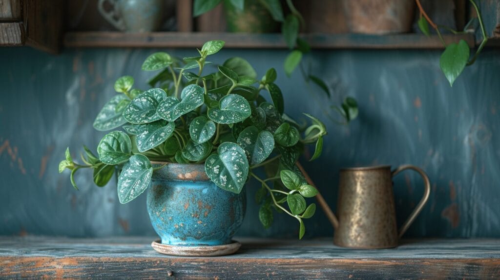 An image showcasing the vibrant, variegated leaves of a Jade Pothos with cascading vines. plant similar to pothos