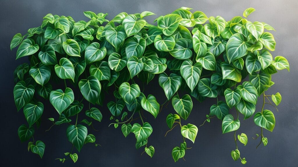 An image of lush, trailing houseplants with heart-shaped leaves against a backdrop of vibrant green foliage, similar to Pothos.