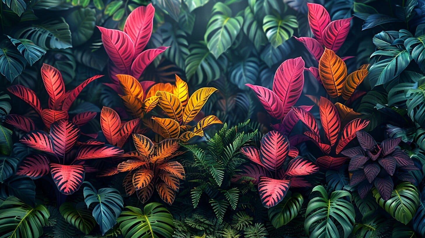 Array of vibrant Calathea plants with intricate leaf patterns in a botanical garden.