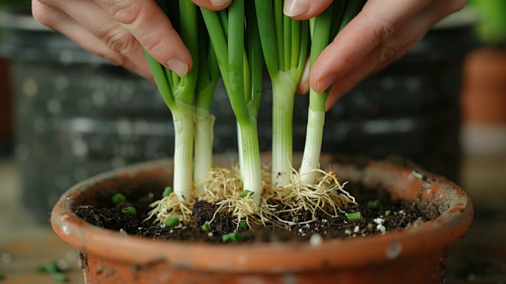 Bright kitchen counter with pots, green onion seeds, watering can, and gloves.