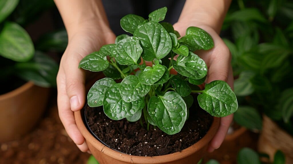 Chinese Money Plant with drooping leaves, watering can, and poor drainage.