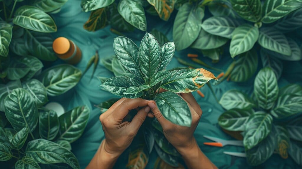 Close-up of Umbrella Plant leaves with yellowing edges in a sunny room. Umbrella plant losing leaves