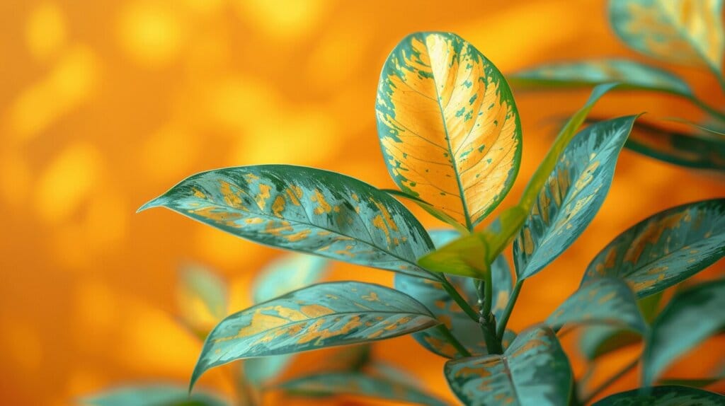 Close-up of a ZZ plant with yellow leaves and visual representations of overwatering, low light, and nutrient deficiencies.