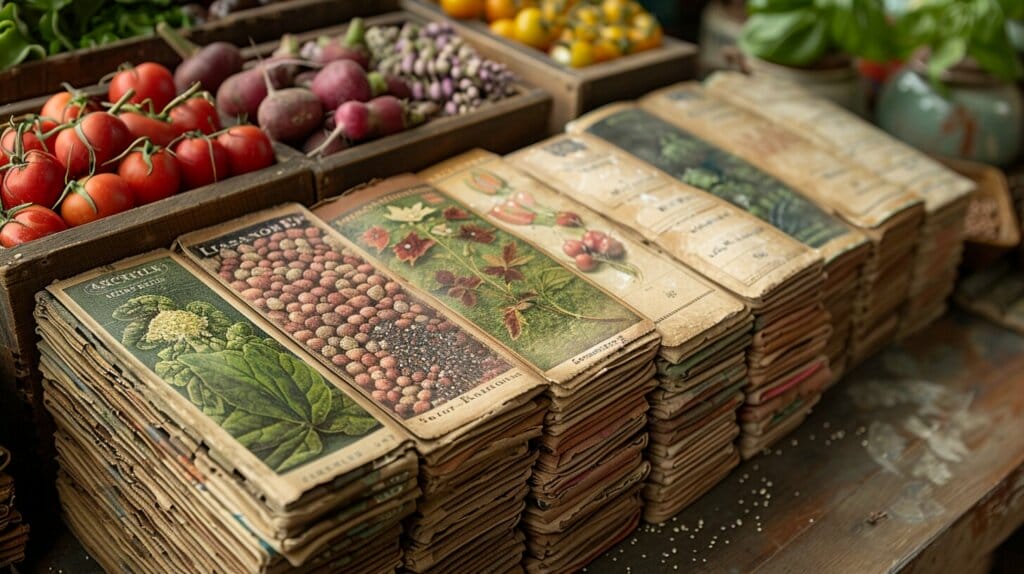 Close-up of a worn, torn vegetable seed packet surrounded by cobwebs and dust.