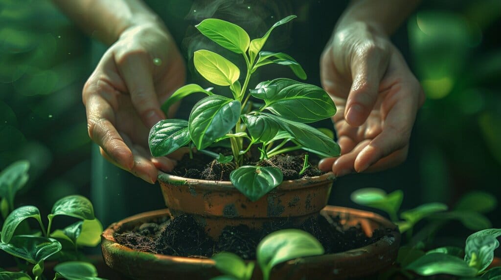 Close-up of drooping vs. healthy Chinese Money Plant.