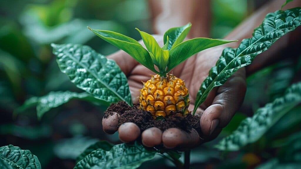 Close-up of hand supporting budding pineapple plant.