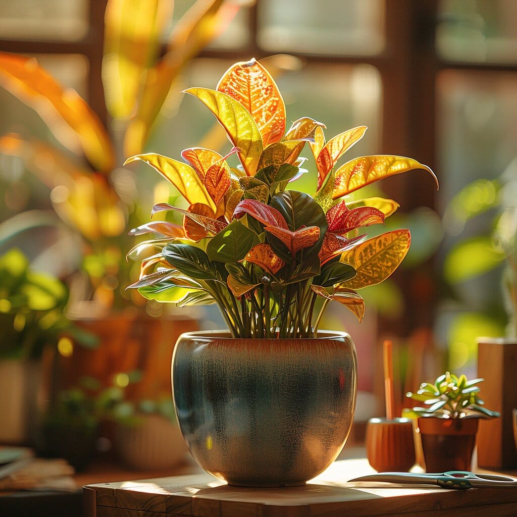 Close-up of healthy Zebra Plant with glossy leaves, in an indoor pot with plant care tools and sunlight.