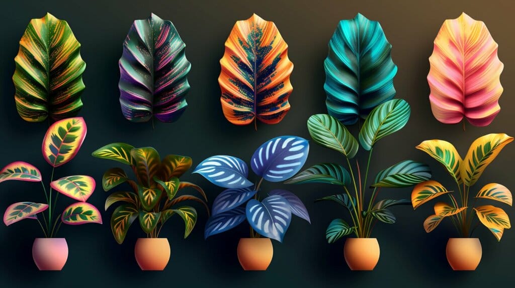 Collection of rare and exotic Calathea plants in vibrant colors.