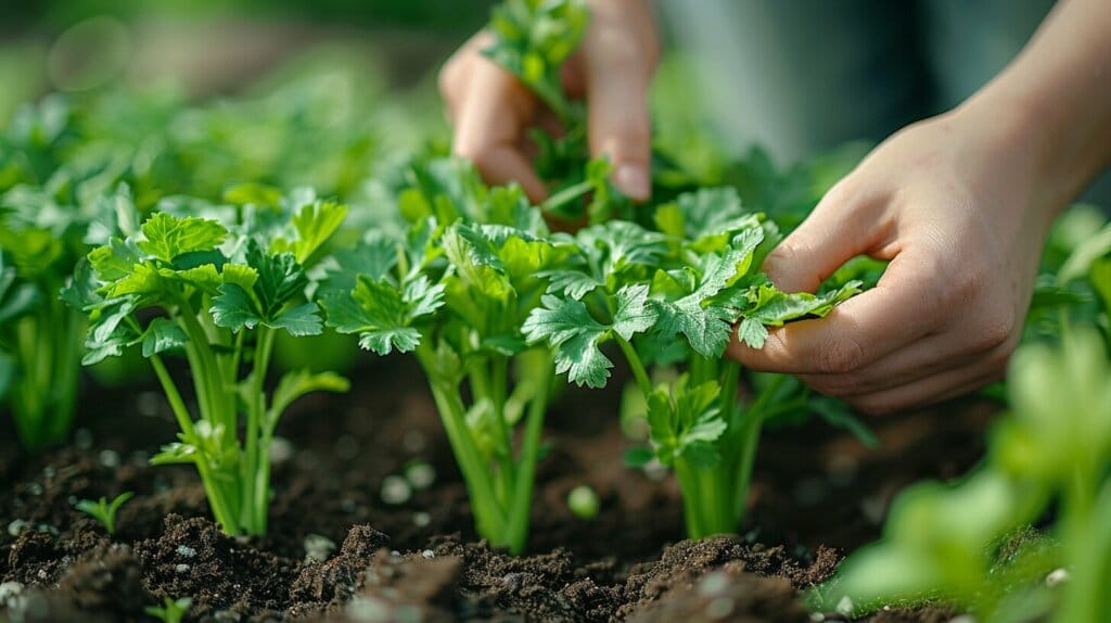 Variety of celery plants with green and red stalks.