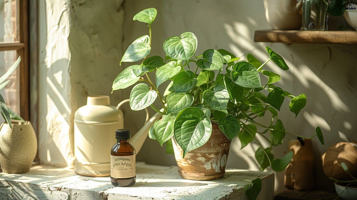 Drooping Chinese Money Plant in bright room with watering can and fertilizer.