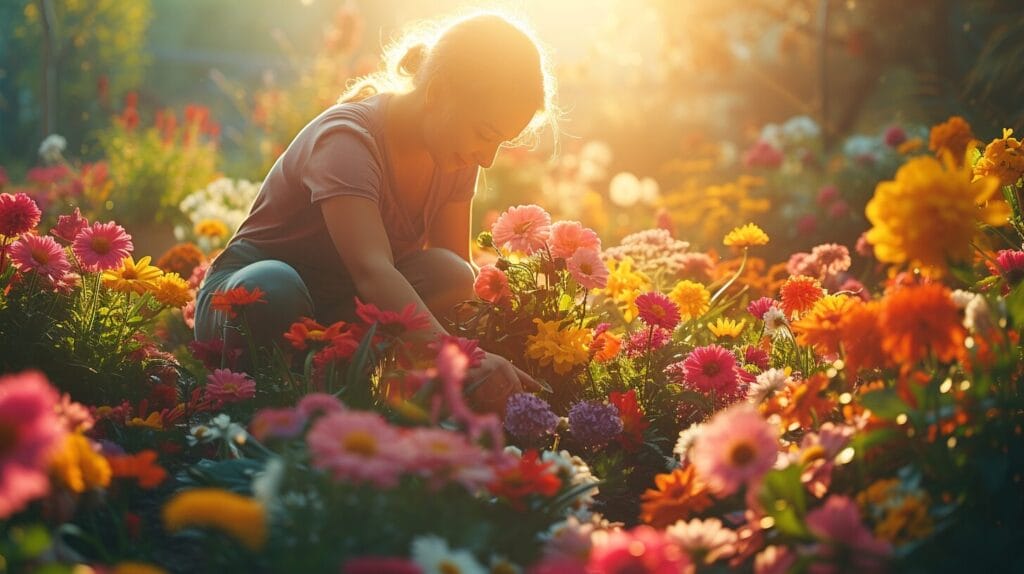 Flourishing garden with vibrant roses, sunflowers, and lilies in raised beds.