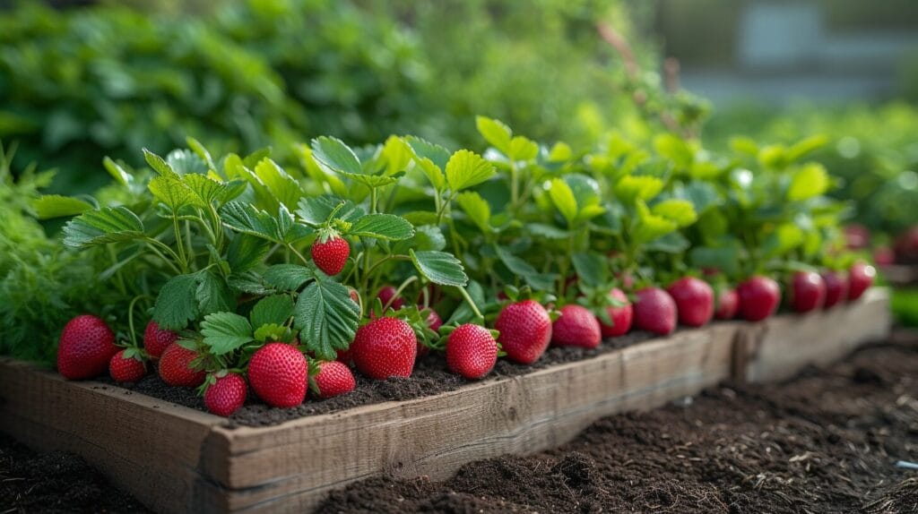 Garden bed with strawberries and rosemary sharing symbiotic growth