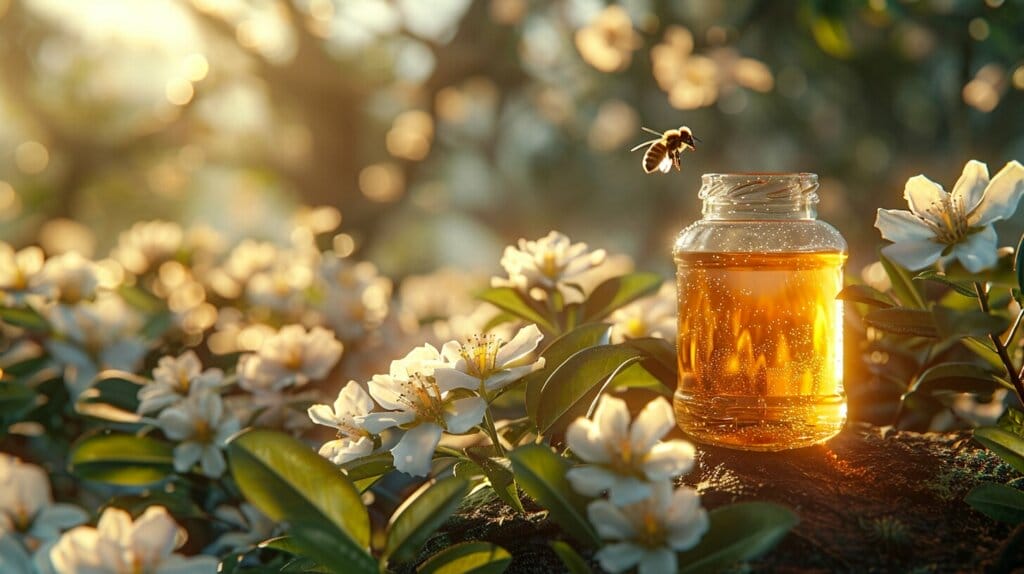 Garden with Manuka tree, bees, and Manuka honey jar