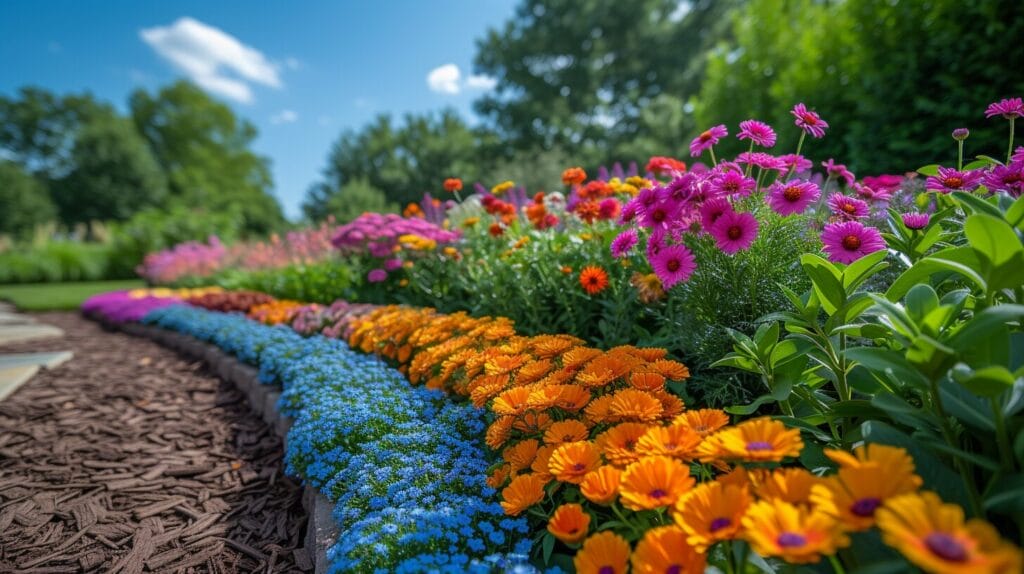 Gardener planting seeds and tending to vibrant flowers in a raised bed garden.
