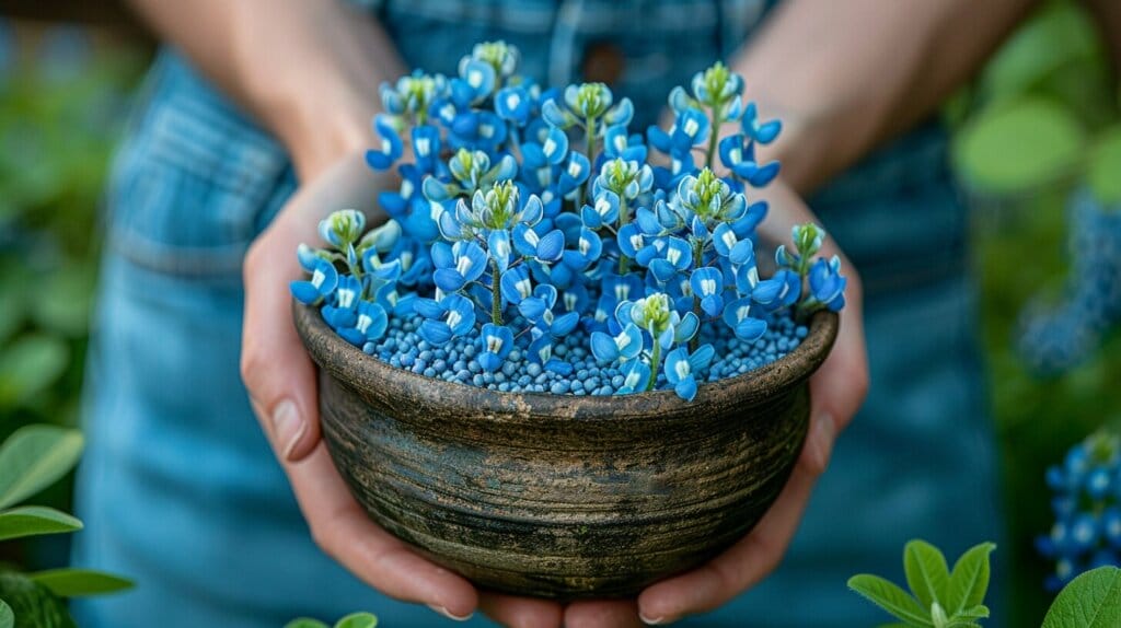 Gardener planting seeds in sunny field with clear blue sky.