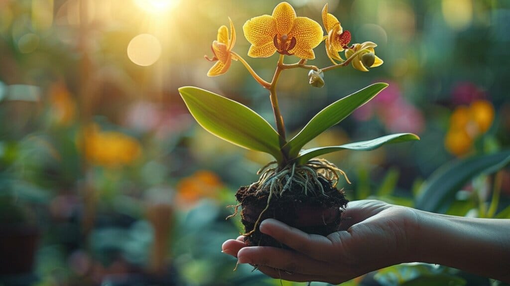 Gardening gloves, shovel, potting mix, and orchid