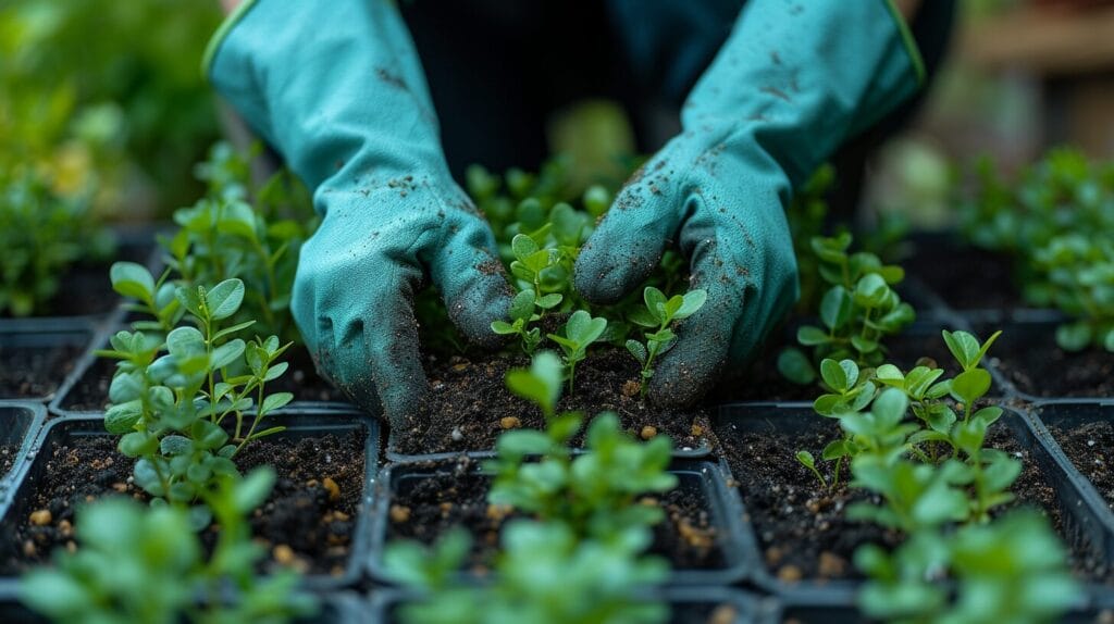 Hands scooping nutrient-rich potting soil into a container filled with boxwood plants. best soil for boxwoods in containers