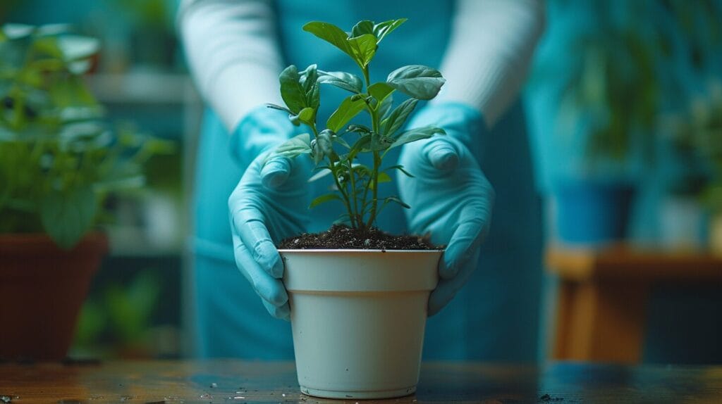 Gloved hands lifting a plant from a small pot, ready to transition it to a 12-inch planter.