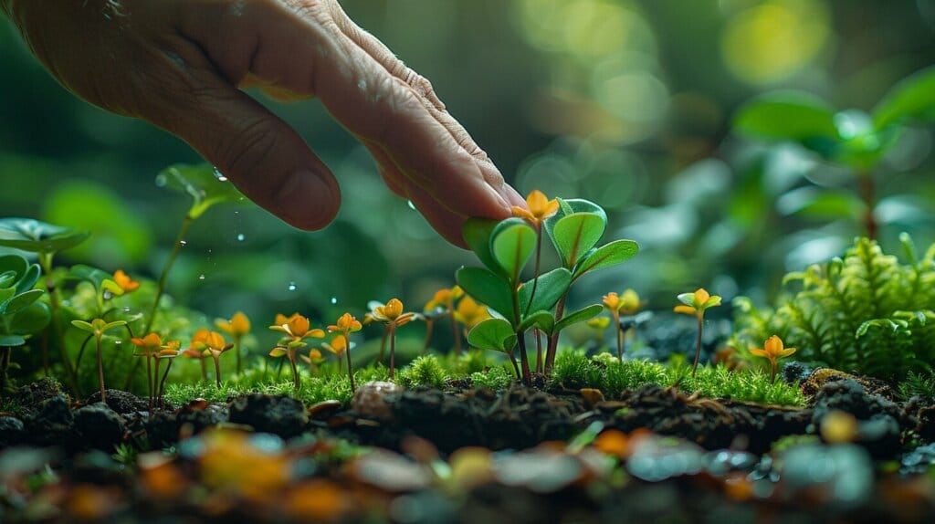 Hand planting moss with tools in terrarium.