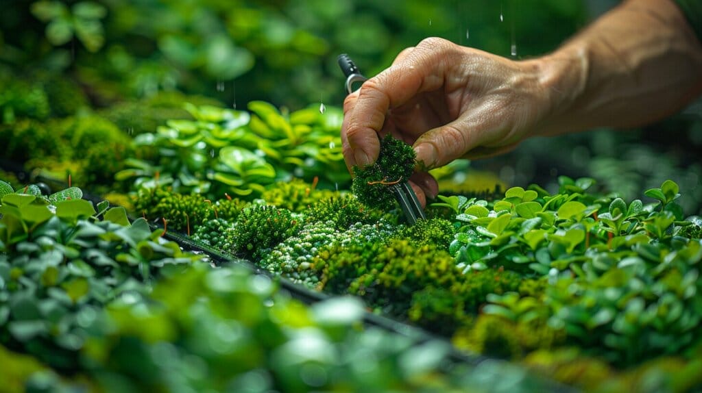 Hand collecting and placing moss in terrarium.