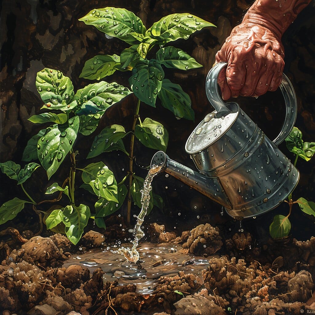 Hand watering green plant.