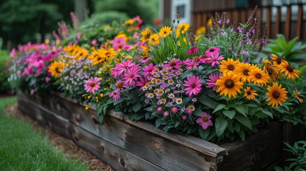 Hands harvesting a bouquet of colorful flowers from a sunny raised bed garden.