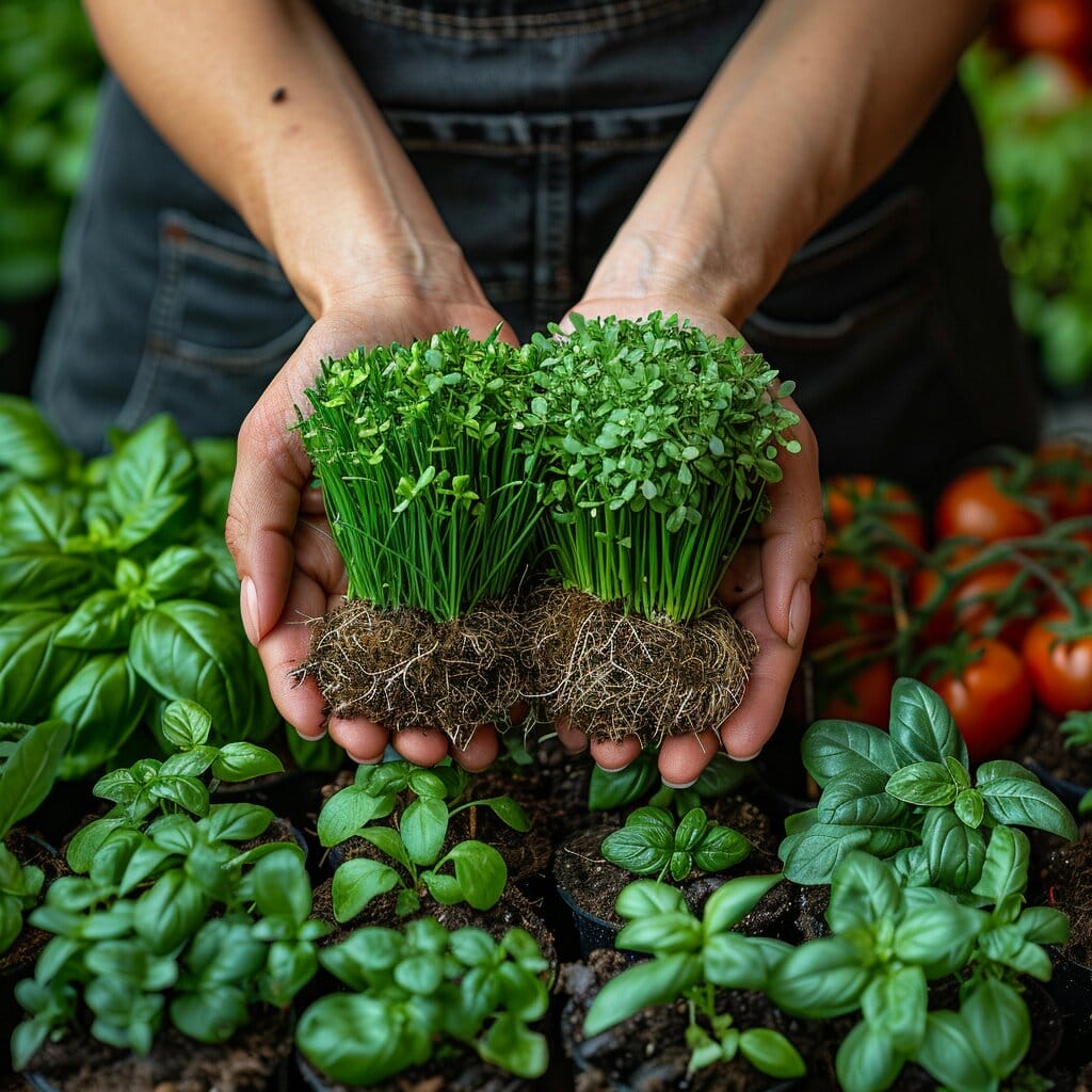 Planting chives in pot with gardening tools.