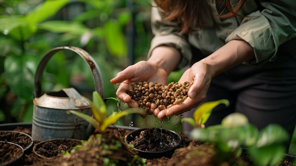 Hands planting soursop seeds with pot and watering can.