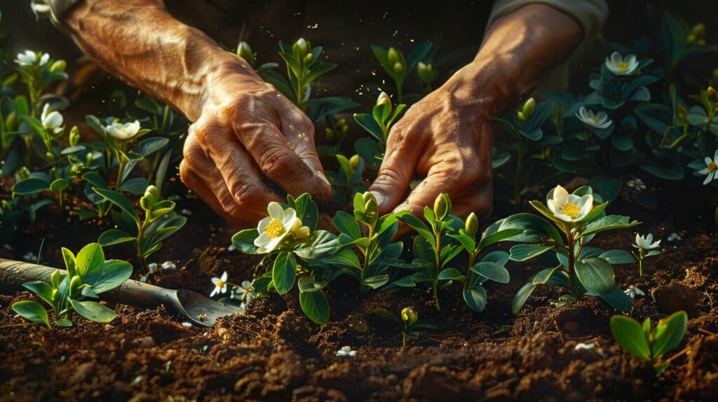 Hands pruning Manuka tree with gardening tools
