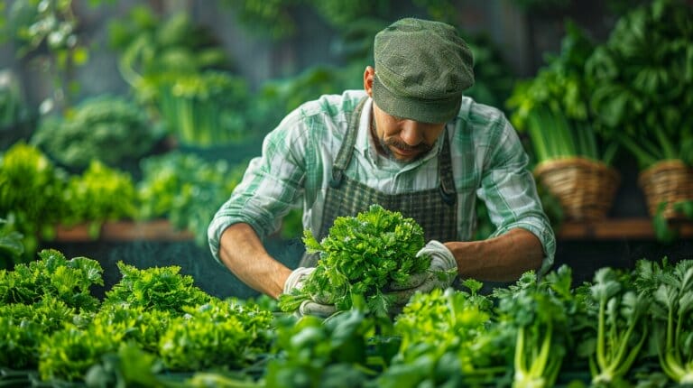 Hands pruning celery plants, highlighting propagation and variety.