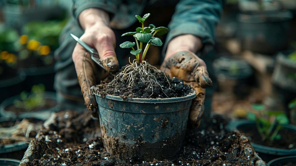 Hands removing orchid for indoor transplantation