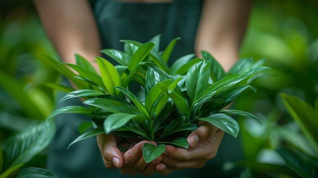 Hands separating a cluster of ZZ plant rhizomes for propagation.