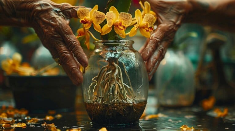 Hands transplanting orchid with soil and tools