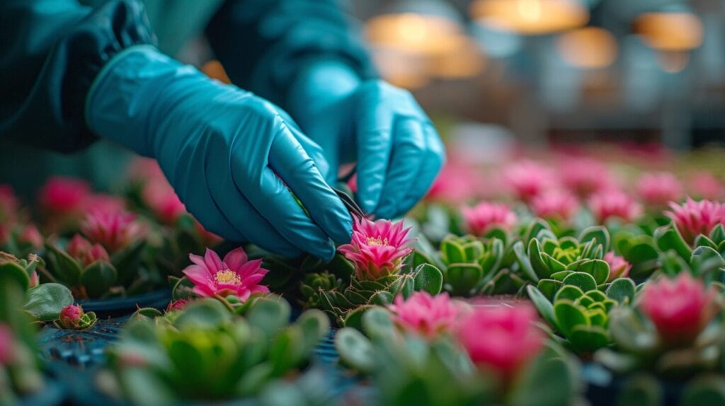 Hands with gloves neatly trimming a Christmas cactus stem, showing the precision needed for successful water propagation. Rooting Christmas Cactus in Water