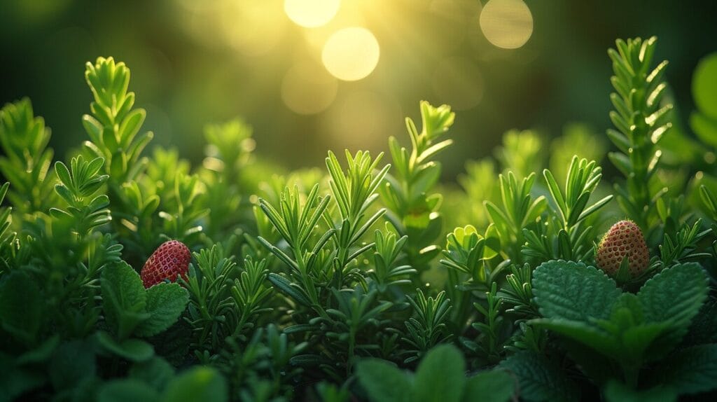 Harmonious garden of rosemary bushes and strawberry plants. Rosemary and strawberry companion plants