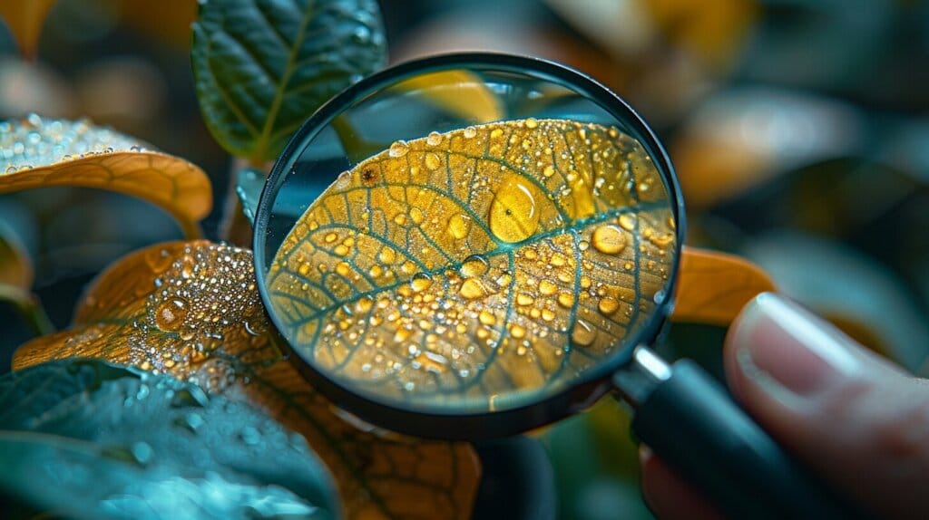 Close-up of yellowing Hoya leaves with magnifying glass.